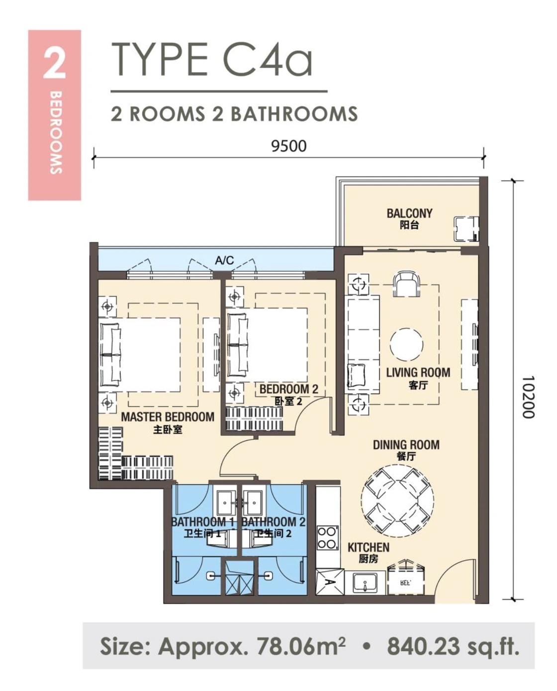 C4a floor plan — 2 Bedrooms 2 Bathrooms, 820 - 877 sqft, R&F Princess Cove Johor Bahru